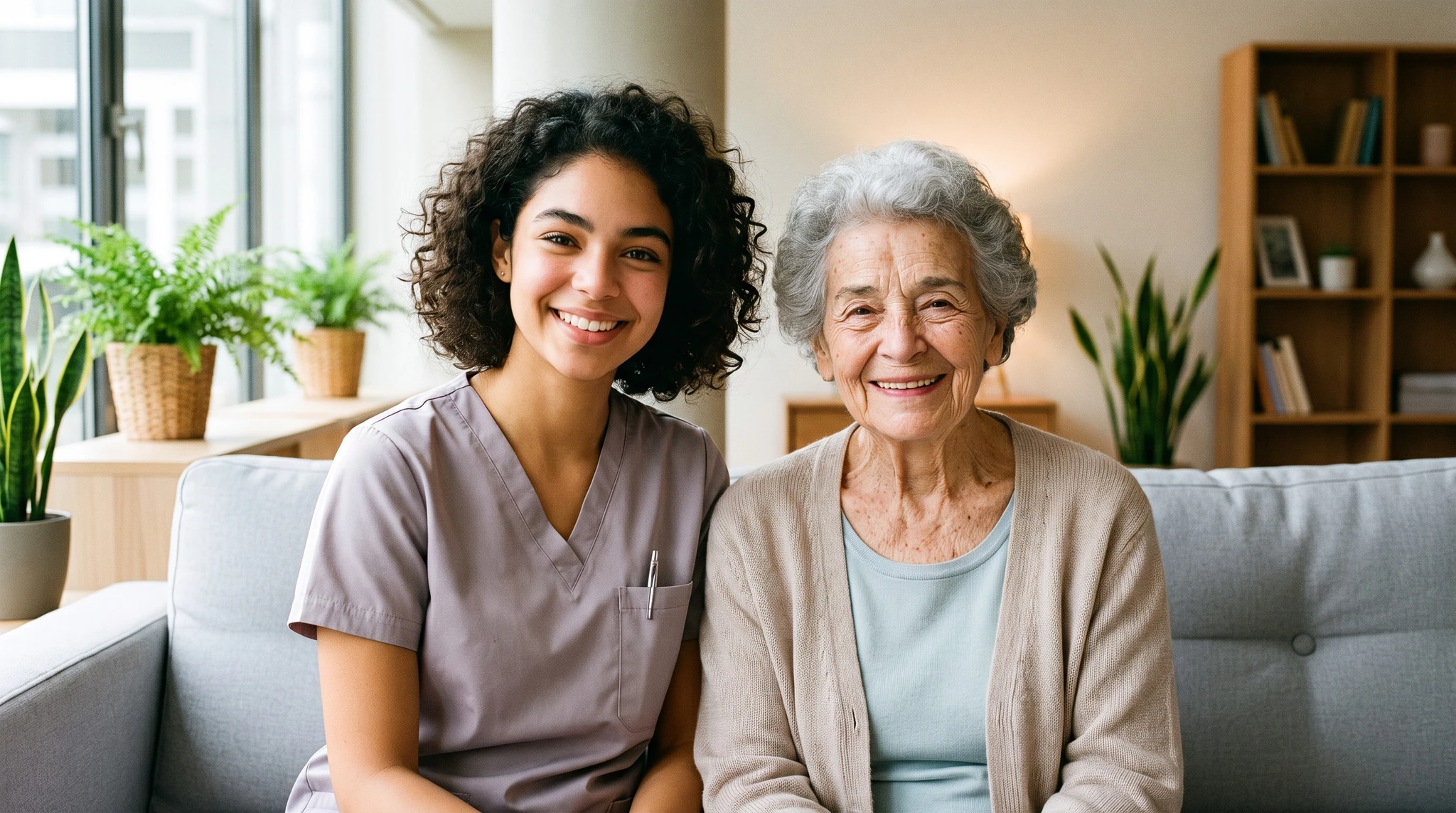 Pflegekraft und Seniorin sitzen lächelnd nebeneinander im Haus Valentina